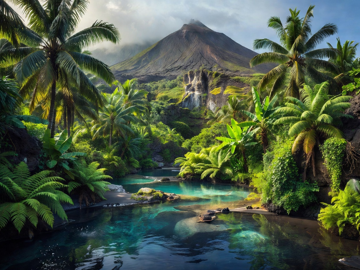 Lush tropical volcanic landscape with pools and palm trees in Spain