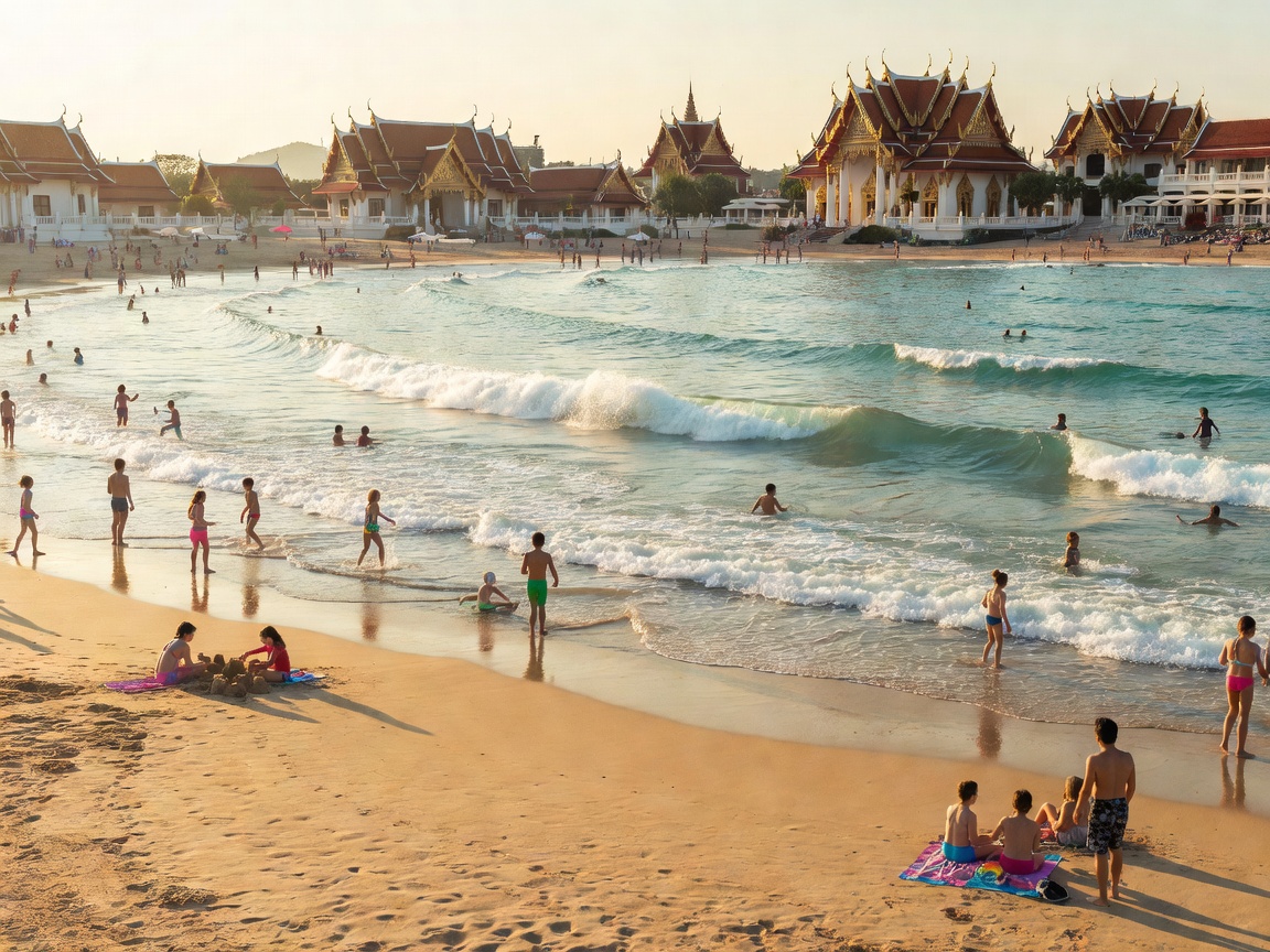 Siam Beach wave pool with golden sand in Spain
