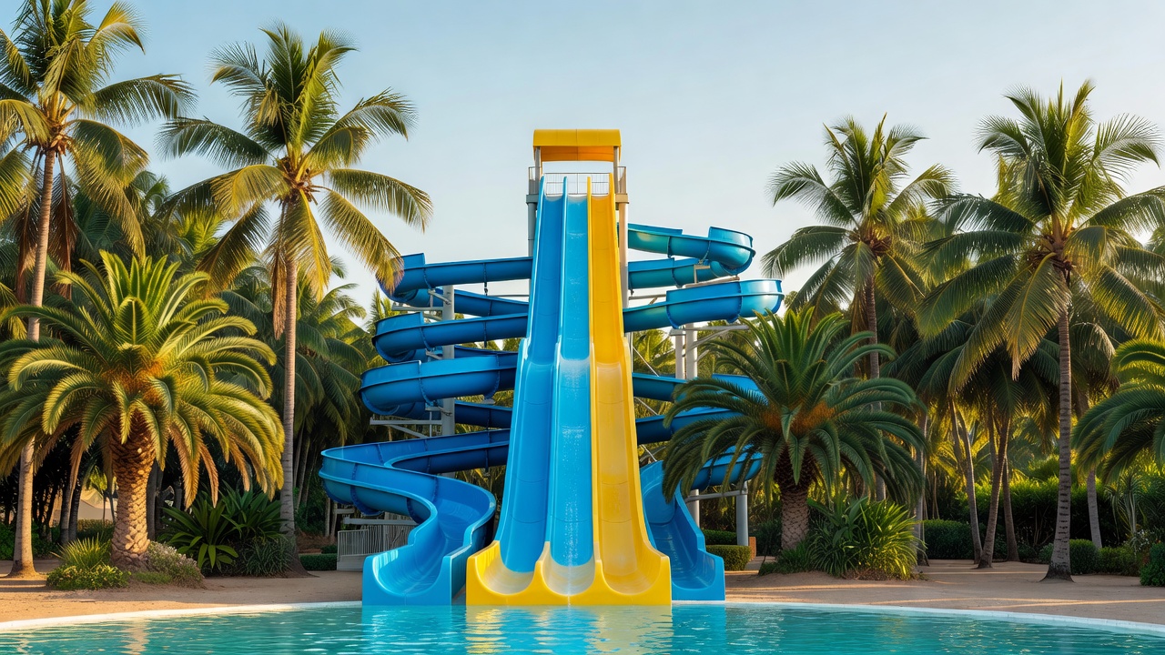 Tower of Power slide structure surrounded by tropical palm trees in Tenerife